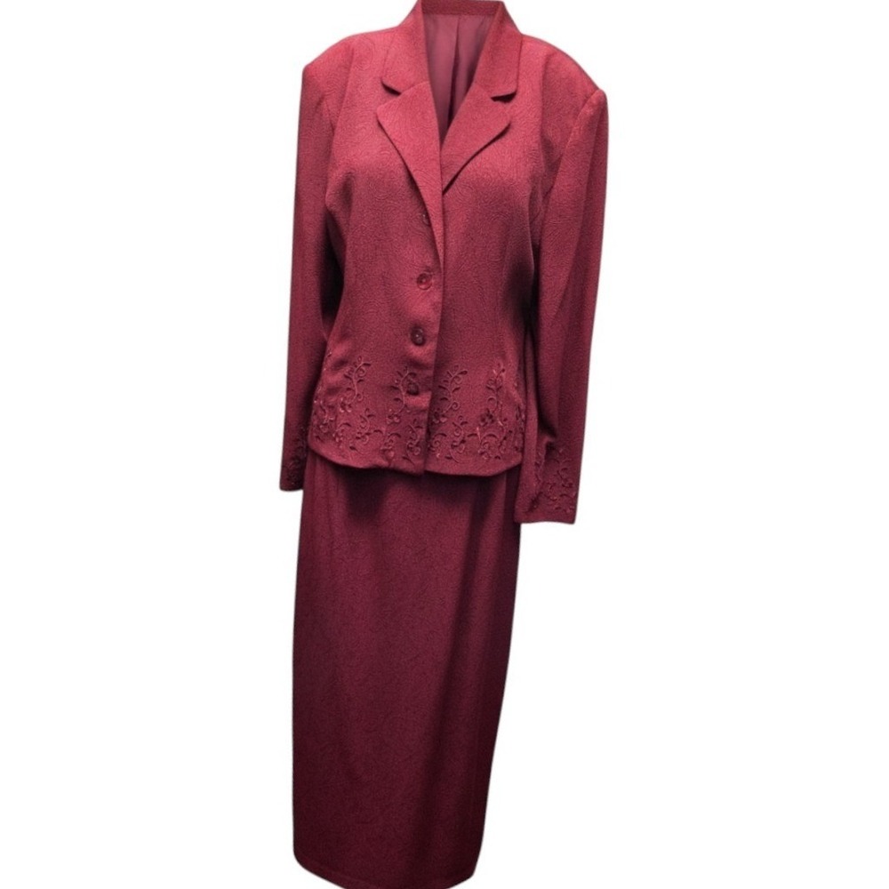 Plaza South Skirt Suit Set Womens 14 Burgundy Embroidered Jacquard Vintage 2003